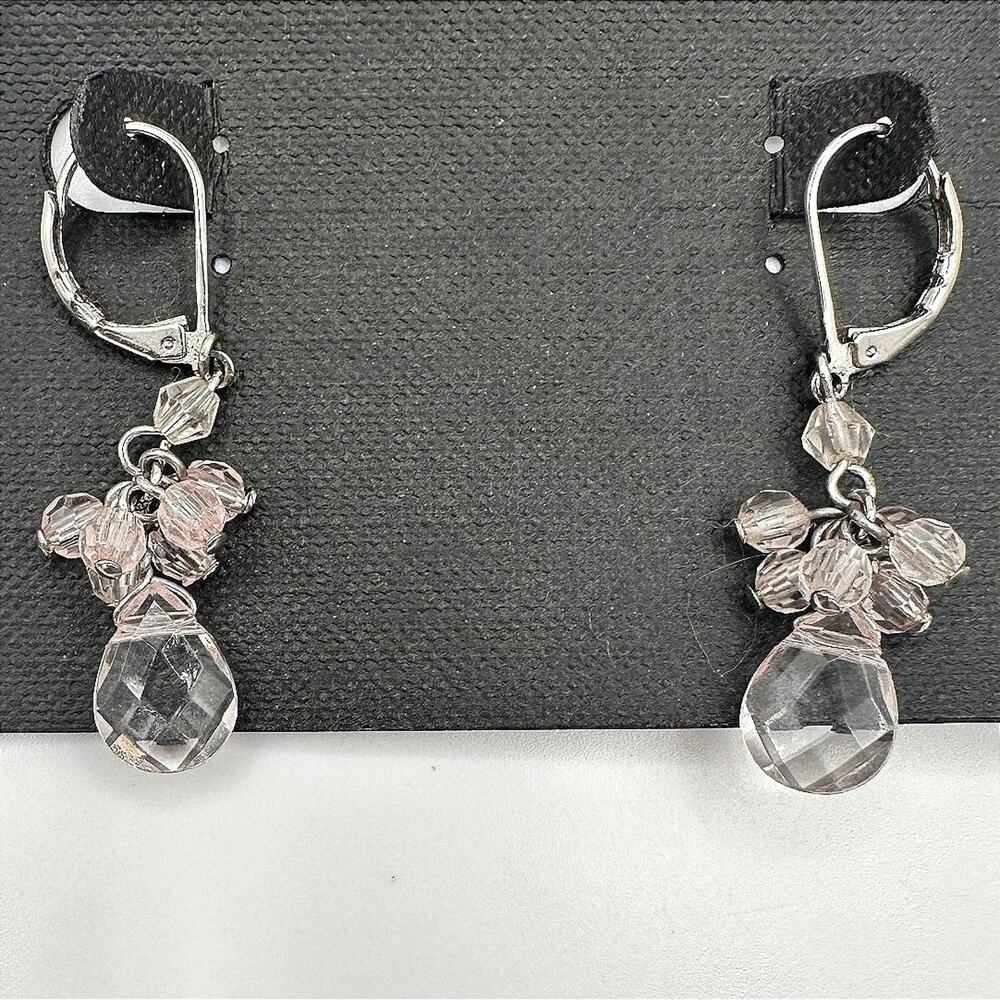Vintage 90s Silver Tone Pink Bead Teardrop Chandelier Earrings Womens Jewelry
